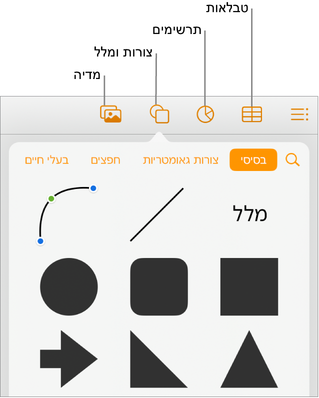 כלי הבקרה להוספת אובייקט, עם כפתורים בחלק העליון לבחירת טבלאות, תרשימים, צורות (כולל קווים ותיבות מלל) ומדיה.