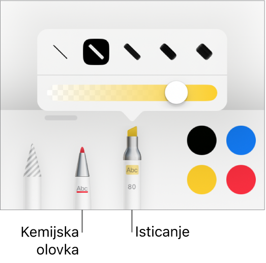 Izbornik s alatom Pametne zabilješke s tipkama za kemijsku ili marker, opcijama za širinu linija te kliznikom za neprozirnost.