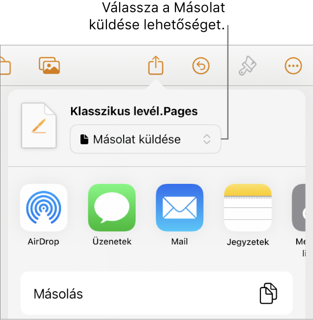 A Megosztás menü a felül elhelyezkedő Másolat küldése lehetőséggel.