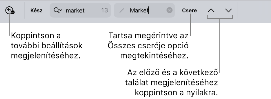 A Keresés és csere vezérlői a billentyűzet fölött, a Keresési beállítások, a Csere, az Ugrás felfelé és az Ugrás lefelé gombokat jelölő feliratokkal