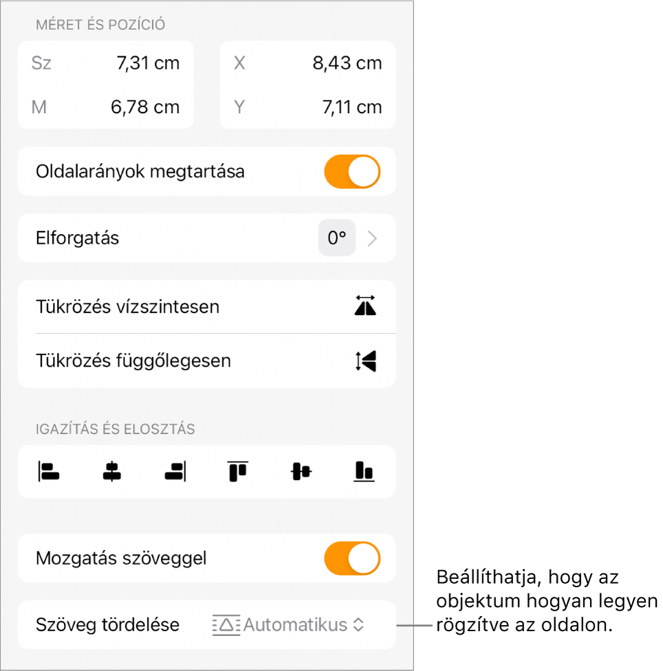 A formázásvezérlők a kijelölt Elrendezés lappal és a következőkkel: Mozgatás hátra/előre, Mozgatás szöveggel és Szöveg tördelése.