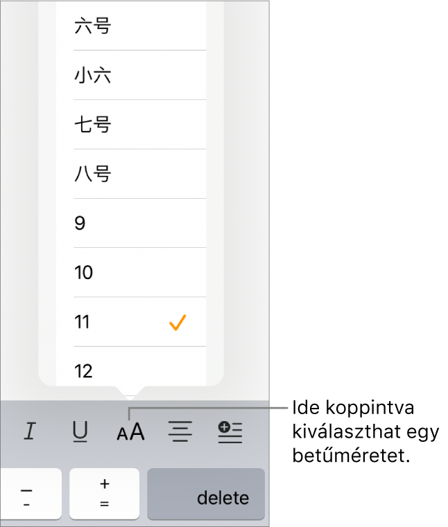 A Betűméret gomb az iPad billentyűzetének jobb oldalán a megnyitott betűméretmenüvel. A menü tetején a kontinentális kínai állami szabványos betűméretek jelennek meg, alattuk pedig a pontban megadott méretek.