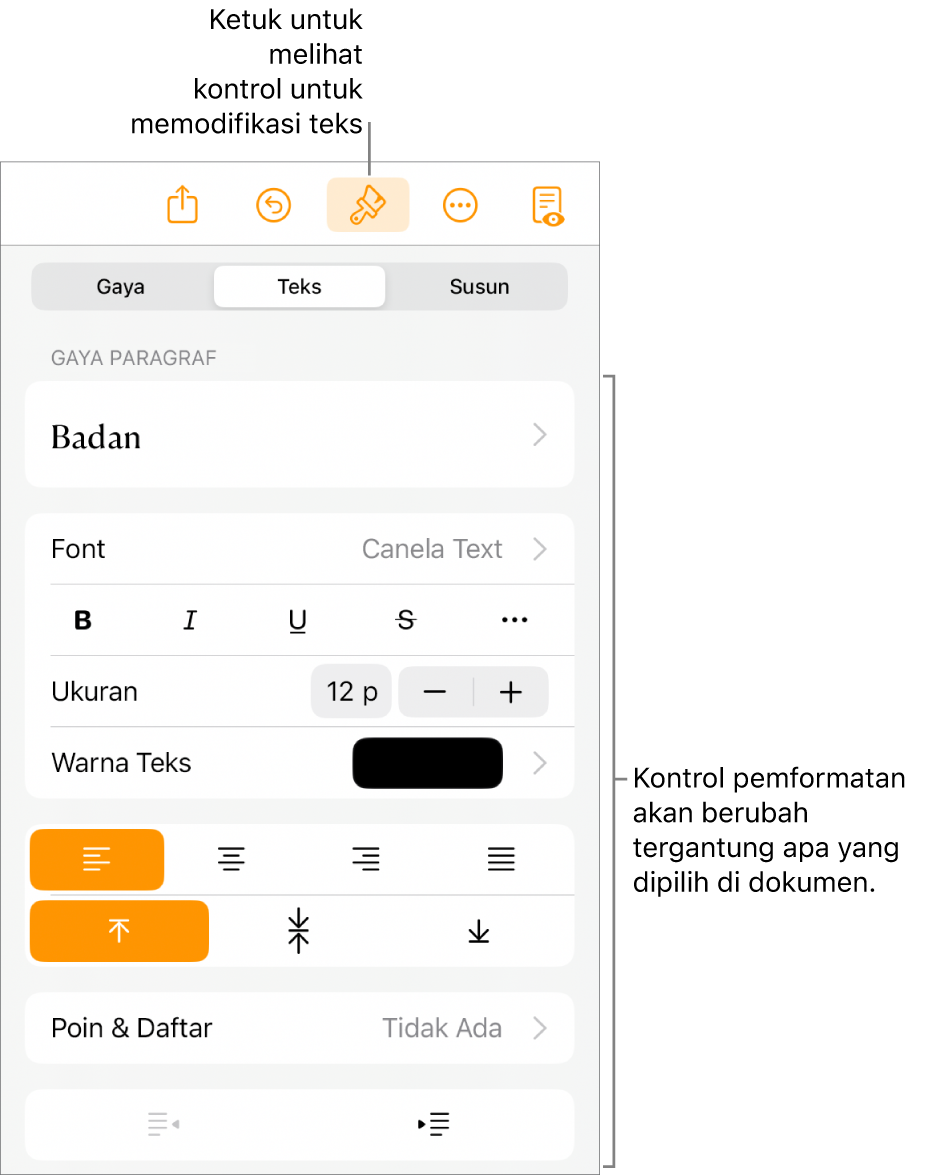 Kontrol Format dibuka dan menampilkan kontrol untuk mengubah gaya paragraf, memodifikasi font, dan memformat spasi font. Keterangan di bagian atas menunjuk ke tombol Format di bar alat dan di sebelah kanannya, tombol sisipkan untuk menambahkan objek ke halaman.