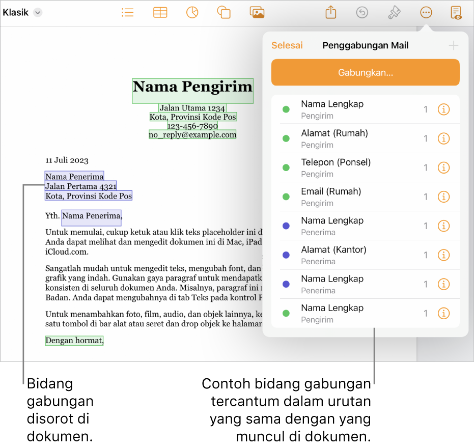 Dokumen Pages dengan bidang gabungan penerima dan pengirim, serta daftar contoh bidang gabungan terlihat di bar samping Dokumen.