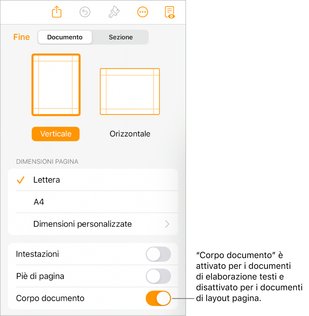 I controlli di formattazione Documento con “Corpo documento” attivato nella parte inferiore dello schermo.