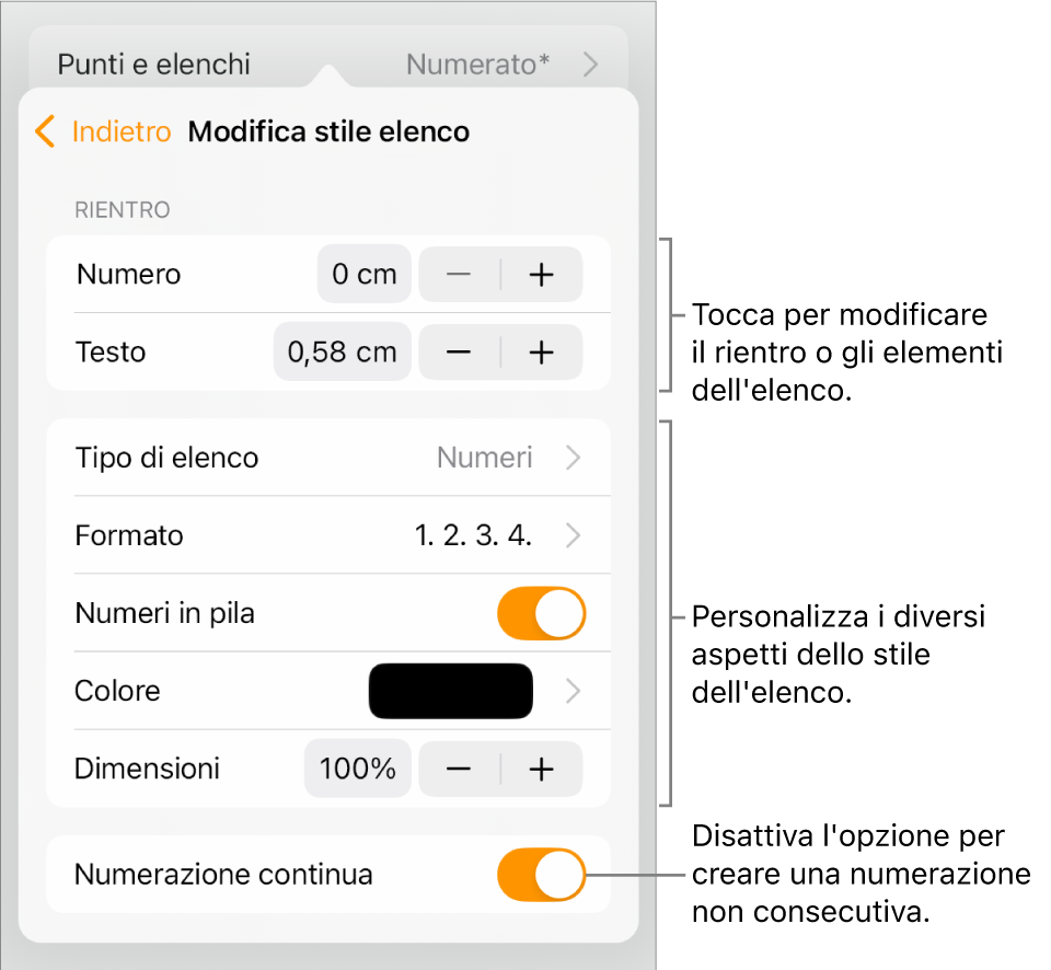 Il menu “Modifica stili elenco” con controlli per la spaziatura del rientro, tipo di elenco e formato, numeri in pila, colore e dimensione elenco e numerazione continua.