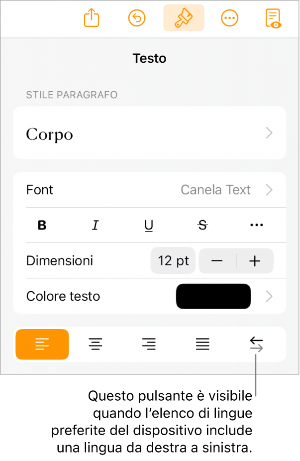 Controlli del testo nel menu Formato con una didascalia che indica il pulsante “Da destra a sinistra”.