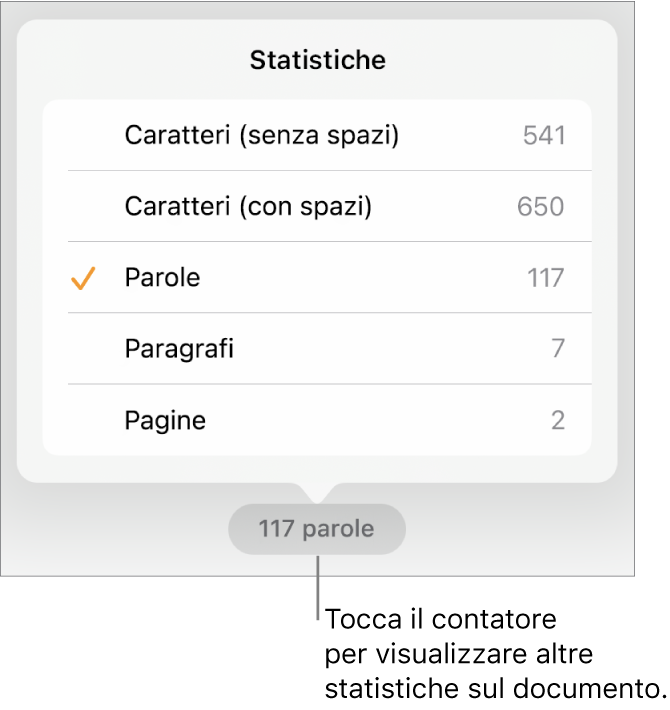 Conteggio parole con un menu che mostra opzioni per visualizzare numero di caratteri con e senza spazi, conteggio parole, conteggio paragrafi e conteggio pagine.