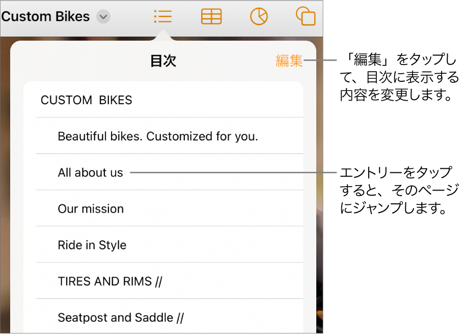 目次。リストにエントリーが表示されています。「編集」ボタンはビューの右上隅にあります。