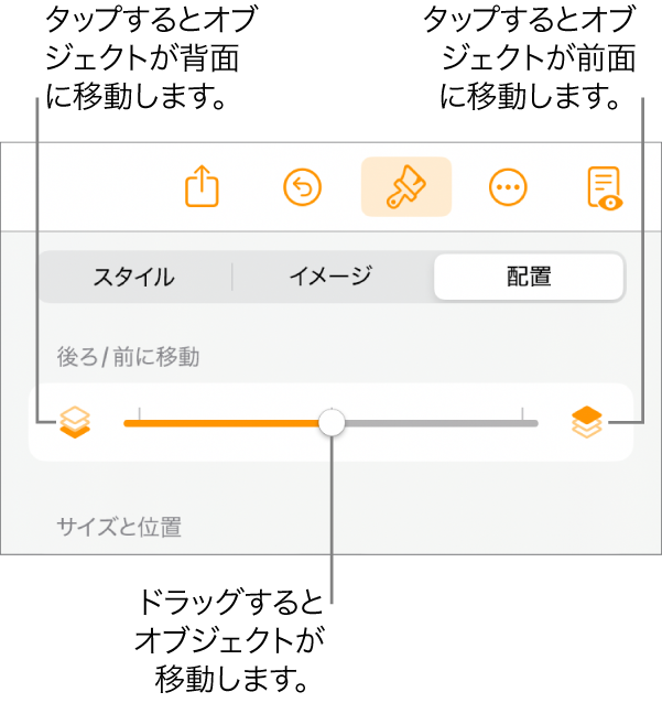 後ろに移動ボタン、前に移動ボタン、およびレイヤーのスライダ。