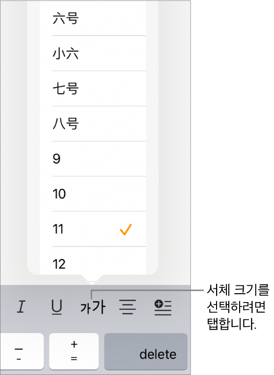 서체 크기 메뉴가 열려 있고 iPad 키보드의 오른쪽에 서체 크기 버튼이 표시되어 있습니다. 중국 본토 정부 표준 서체 크기가 메뉴 상단에 나타나 있고 아래에는 점 크기가 나타나 있습니다.