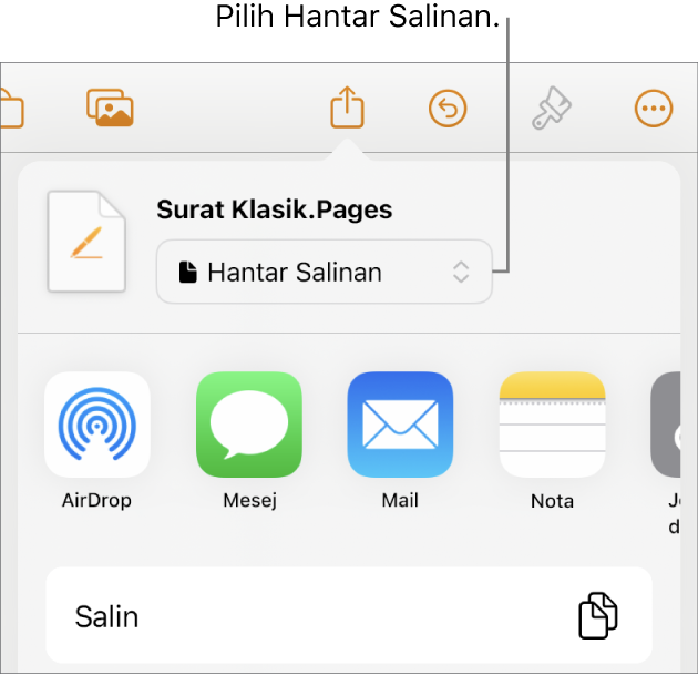 Menu Kongsi dengan Hantar Salinan dipilih di bahagian atas.