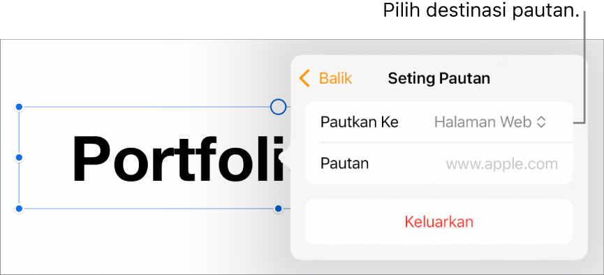 Kawalan Seting Pautan dengan Halaman Web dipilih dan butang Keluarkan di bahagian bawah.