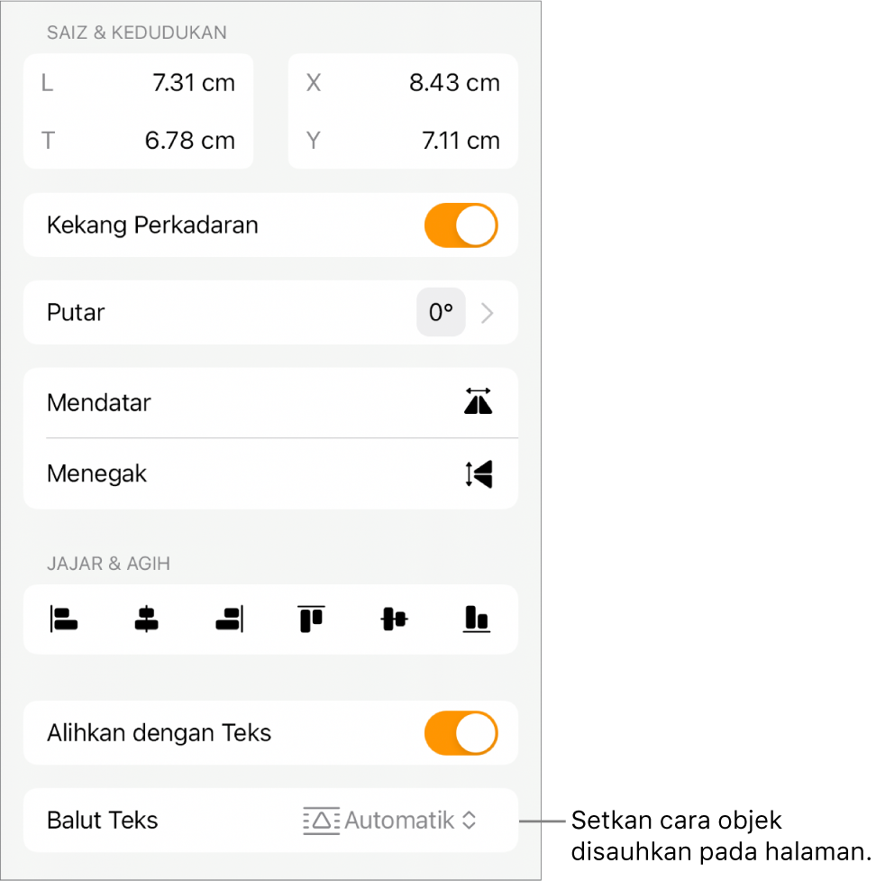 Kawalan Format dengan tab Susun dipilih dan kawalan untuk Bergerak ke Belakang/Depan, Alihkan dengan Teks dan Balut Teks.