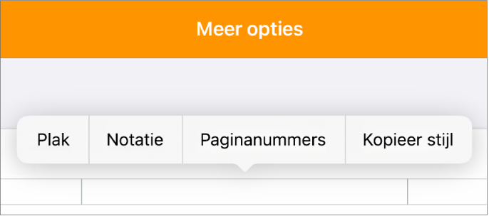 Drie koptekstvelden met het invoegpunt in het middelste veld en een pop‑upmenu met de optie 'Paginanummers'.