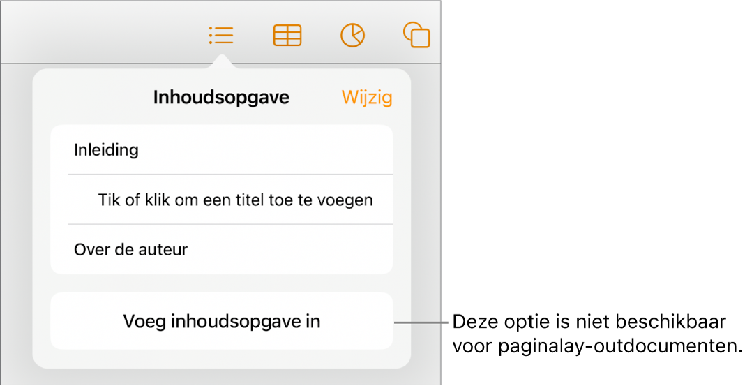 De weergave voor de inhoudsopgave met rechtsboven de knop 'Wijzig', onderdelen in de inhoudsopgave en onderin de knop 'Voeg inhoudsopgave in'.