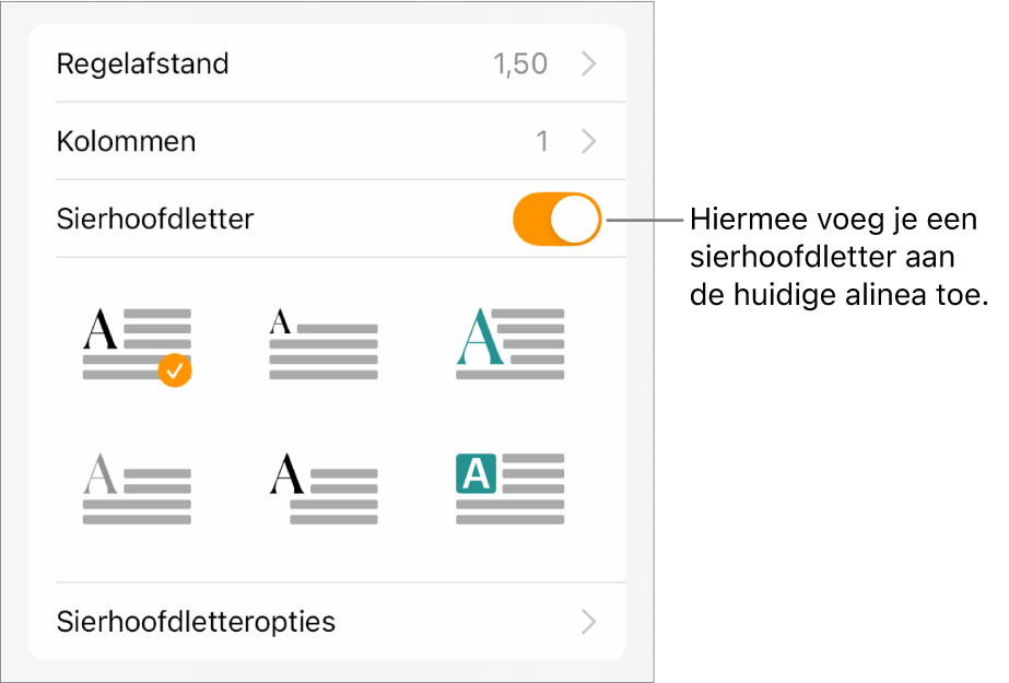 De regelaars voor sierhoofdletters in het menu 'Tekst'.