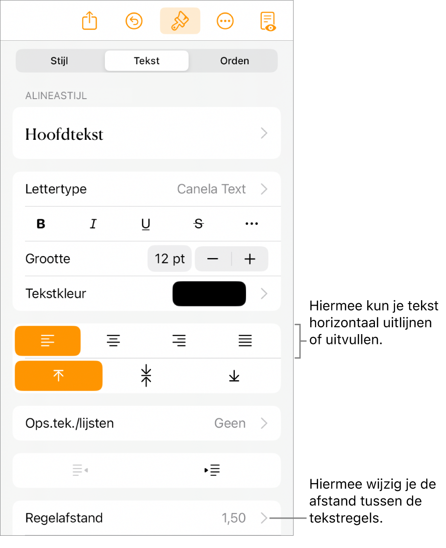 Het tabblad 'Tekst' in het paneel met opmaakregelaars met uitleg bij de knoppen voor tekstuitlijning en het menu 'Regelafstand'.