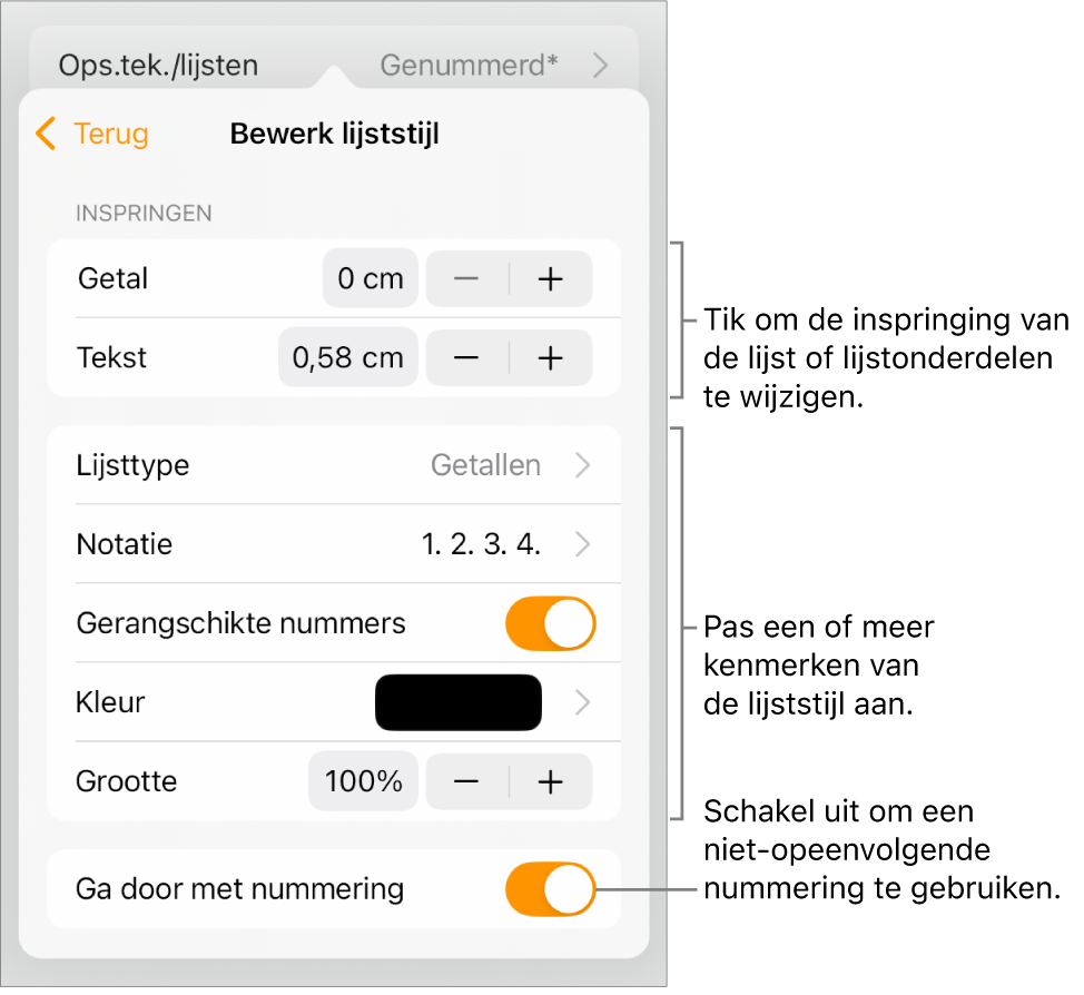 Het menu 'Bewerk lijststijl' met regelaars voor de ruimte van de inspringing, het lijsttype en de notatie, gerangschikte nummers, de kleur en grootte van de lijst, en doornummering.