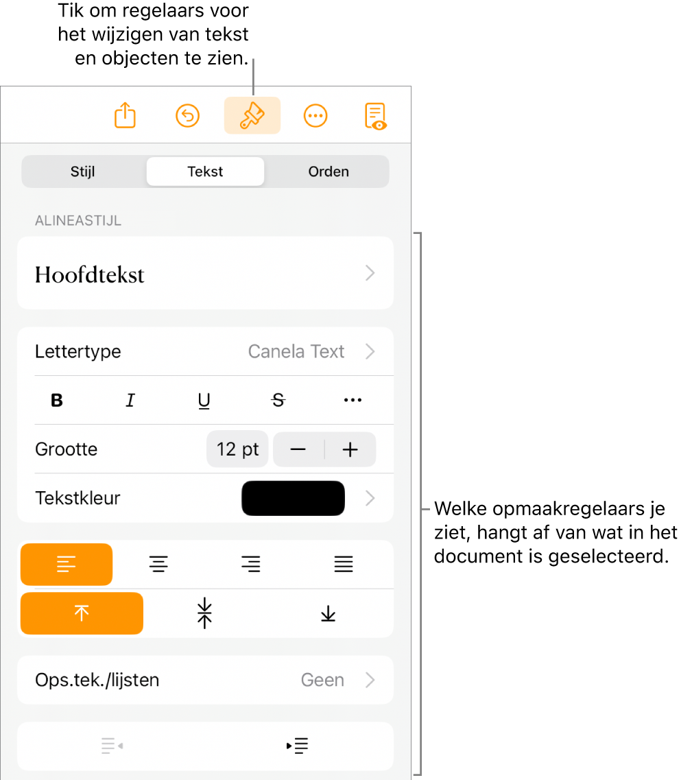 De opmaakregelaars met regelaars voor het wijzigen van de alineastijl, lettertypen en regelafstand. Bovenin staan bijschriften bij de opmaakknop in de knoppenbalk en bij de invoegknop rechts ernaast waarmee je objecten aan de pagina kunt toevoegen.