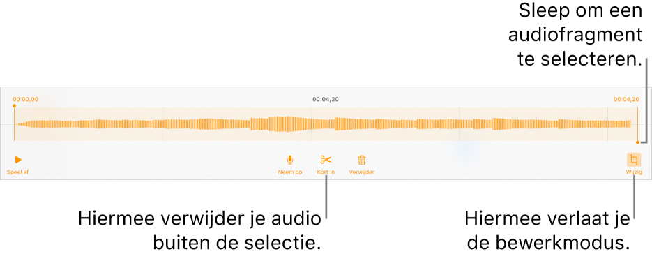 Regelaars voor het bewerken van audio-opnamen. Selectiegrepen geven aan welk gedeelte van de opname geselecteerd is. Eronder staan knoppen voor beluisteren, opnemen, inkorten, verwijderen en bewerken.