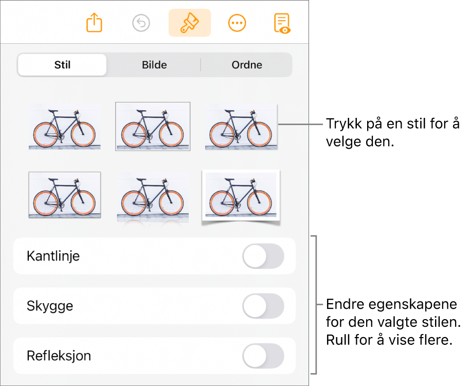 Stil-fanen i Format-menyen med objektstiler øverst og kontroller under dem for å endre kantlinje, skygge, refleksjon og opasitet.