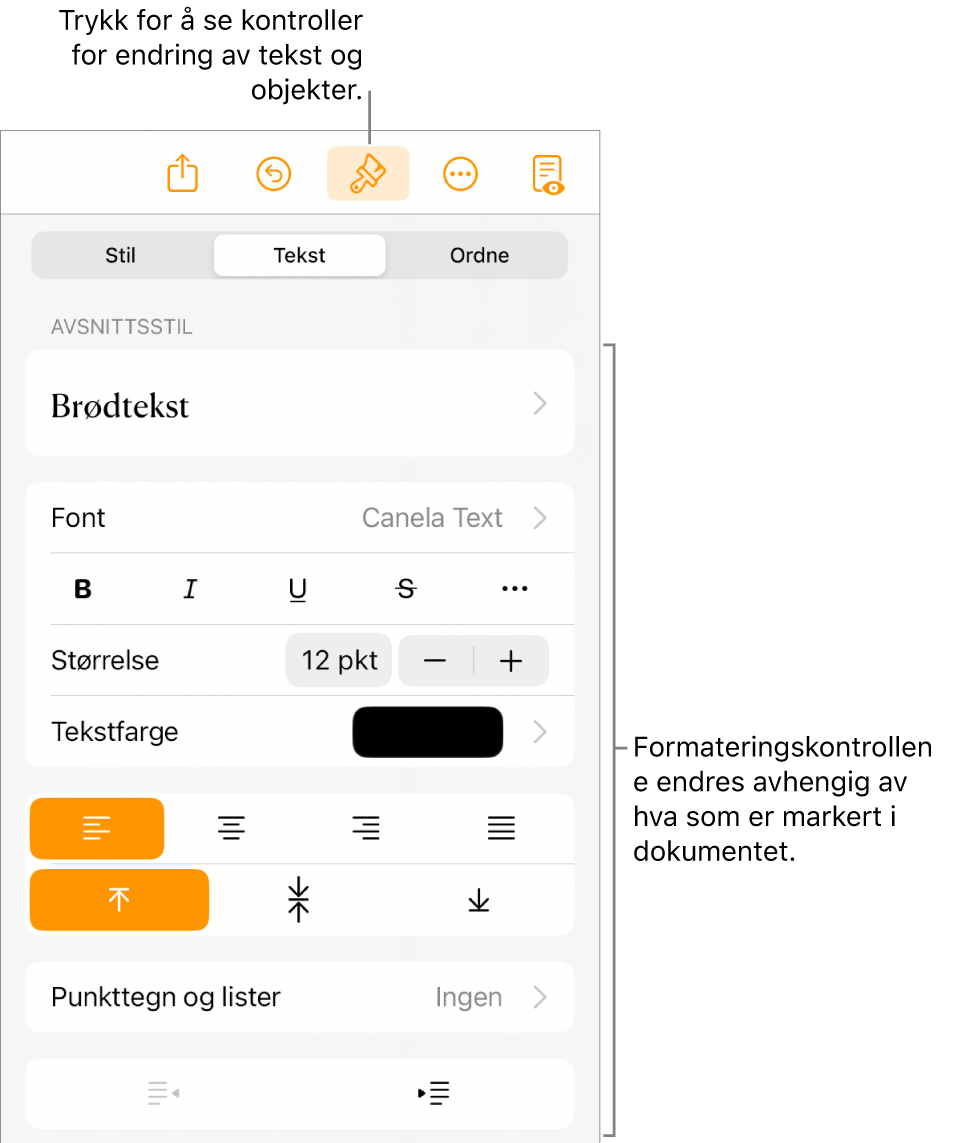 Format-kontrollene er åpne og viser kontroller for å endre avsnittsstil, endre fonter og formatere fontavstand. Bildeforklaringer øverst peker ut Format-knappen i verktøylinjen, og til høyre vises Sett inn-knappen for å legge til objekter på siden.