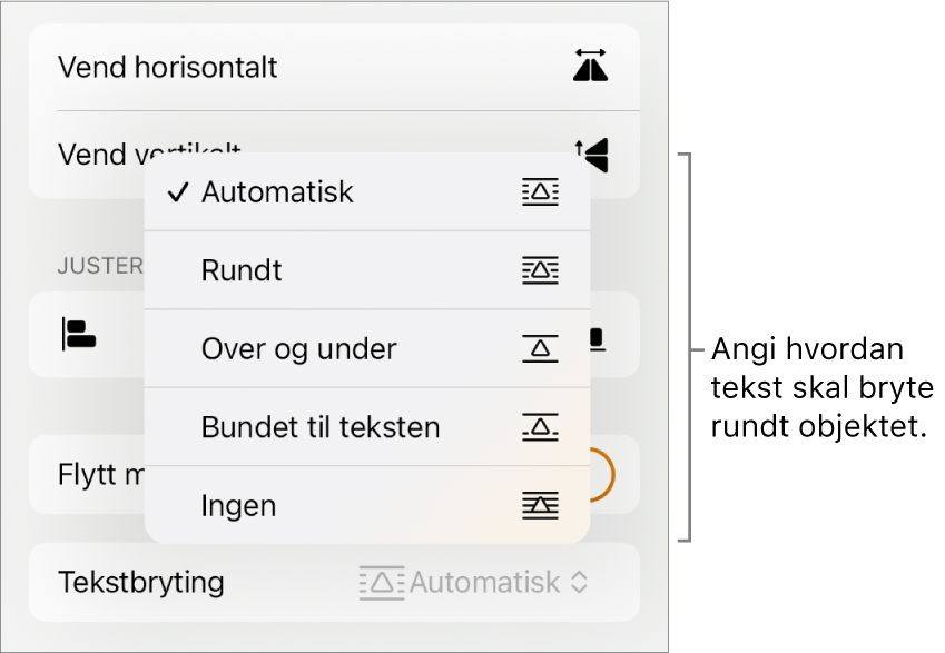 Format-kontrollene med Ordne-fanen markert. Under vises Tekstbryting-kontrollene med Flytt nederst/øverst, Flytt med tekst og Tekstbryting.