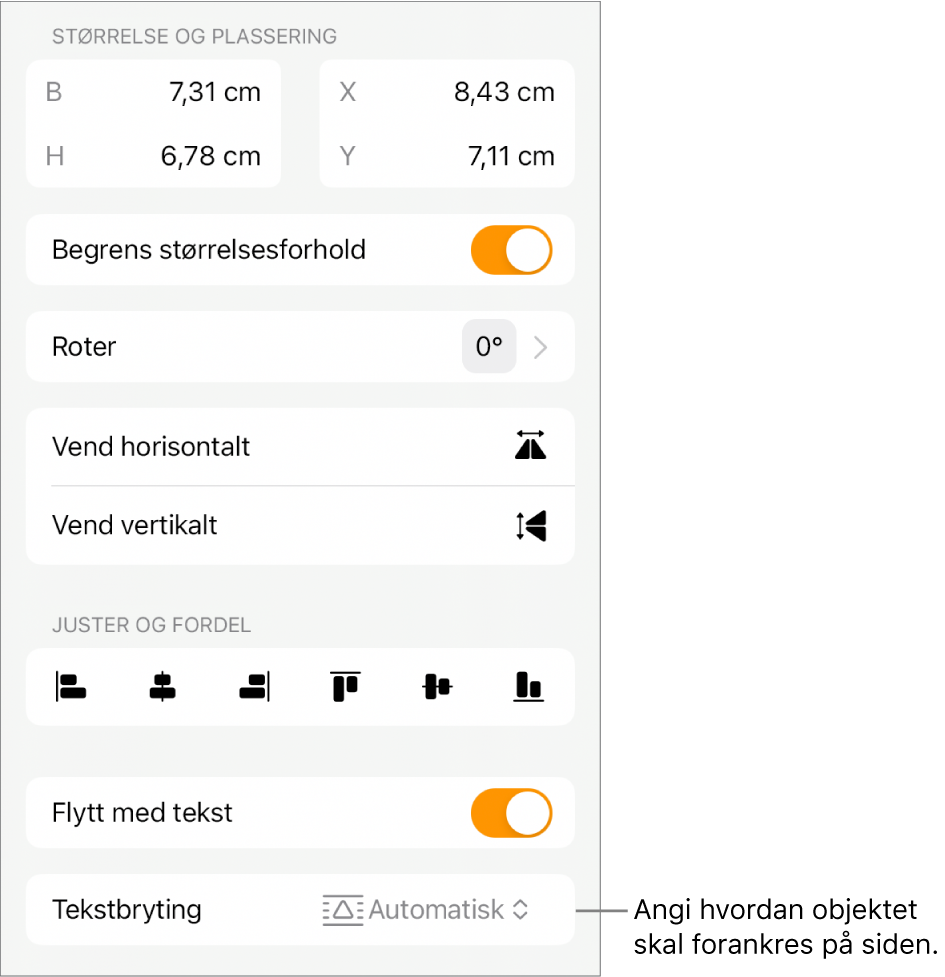 Format-kontrollene med Ordne-fanen markert og kontroller for Flytt nederst/øverst, Flytt med tekst og Tekstbryting.