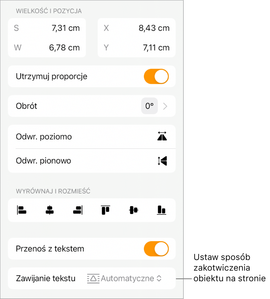 Narzędzia formatowania z zaznaczoną kartą Uporządkuj. Widoczne są narzędzia: Przenieś na wierzch/spód, Przenoś z tekstem i Oblewanie tekstem.