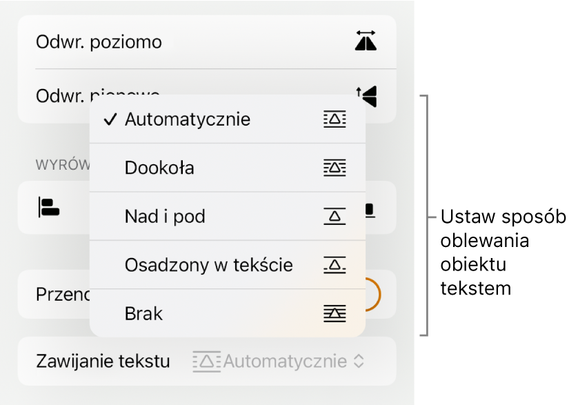 Narzędzia formatowania z zaznaczoną kartą Uporządkuj. Poniżej widoczne są narzędzia oblewania tekstem: Przenieś na wierzch/spód, Przenoś z tekstem oraz Oblewanie tekstem.