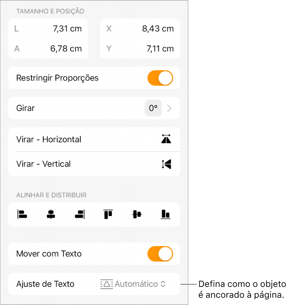 Controles Formatar com a aba Organizar selecionada e controles de “Mover para Trás/Frente”, “Mover com Texto” e “Ajuste de Texto”.