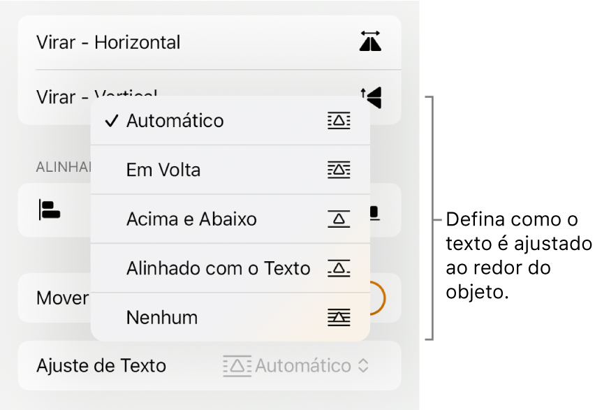 Controles Formatar com a aba Organizar selecionada. Abaixo estão controles de “Ajuste de Texto”, com “Mover para Trás/Frente”, “Mover com Texto” e “Ajuste de Texto”.