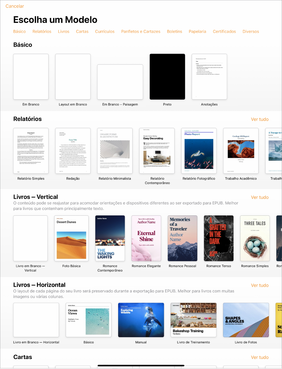 Seletor de modelos, mostrando uma linha de categorias na parte superior na qual você pode tocar para filtrar as opções. Abaixo estão miniaturas de modelos predefinidos organizadas em linhas por categoria, começando com Recentes na parte superior e seguidas por Básico e Relatórios. O botão Ver Tudo aparece acima e à direita de cada linha de categoria. O botão Idioma e Região está no canto superior direito.