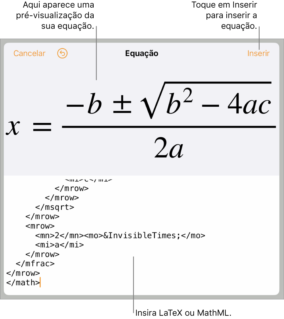 O diálogo de Equação, mostrando uma equação escrita com comandos MathML e uma pré-visualização da fórmula acima.