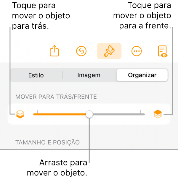 Botão Mover para Trás, botão Mover para a Frente e controle deslizante de camada