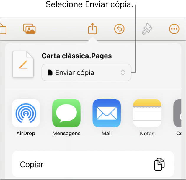 O menu “Partilhar” com “Enviar cópia” selecionada na parte superior.