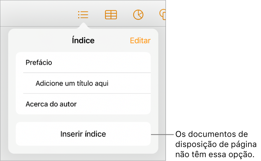 A vista de índice com “Editar” no canto superior direito, as entradas do índice e o botão “Inserir índice” na parte inferior.