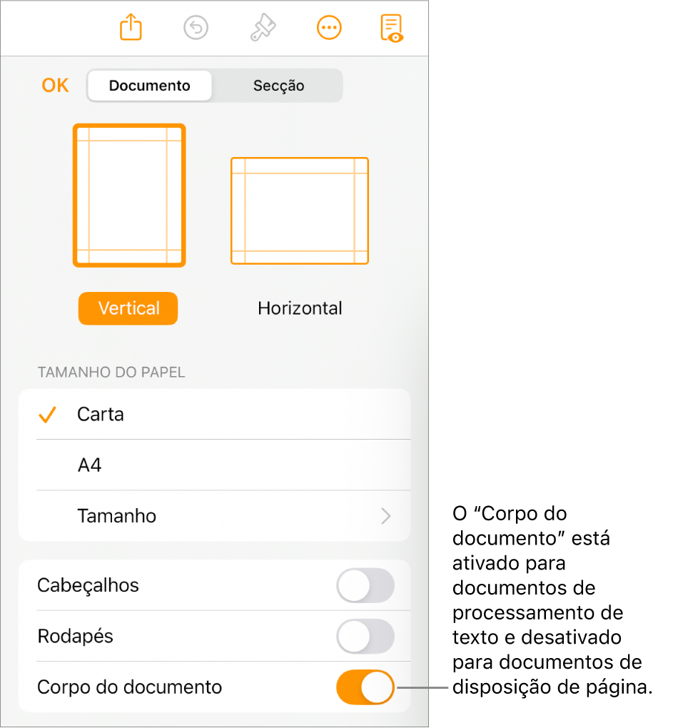 Os controlos de formatação de “Documento” com a opção “Corpo do documento” ativada perto da parte inferior do ecrã