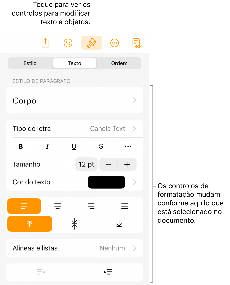 Os controlos de formatação abertos a apresentarem os controlos para alterar o estilo de parágrafo, modificar os tipos de letra e formatar o espaçamento do tipo de letra. As chamadas na parte superior indicam o botão "Formatação” na barra de ferramentas e à sua direita, o botão “Inserir” para adicionar objetos à página.