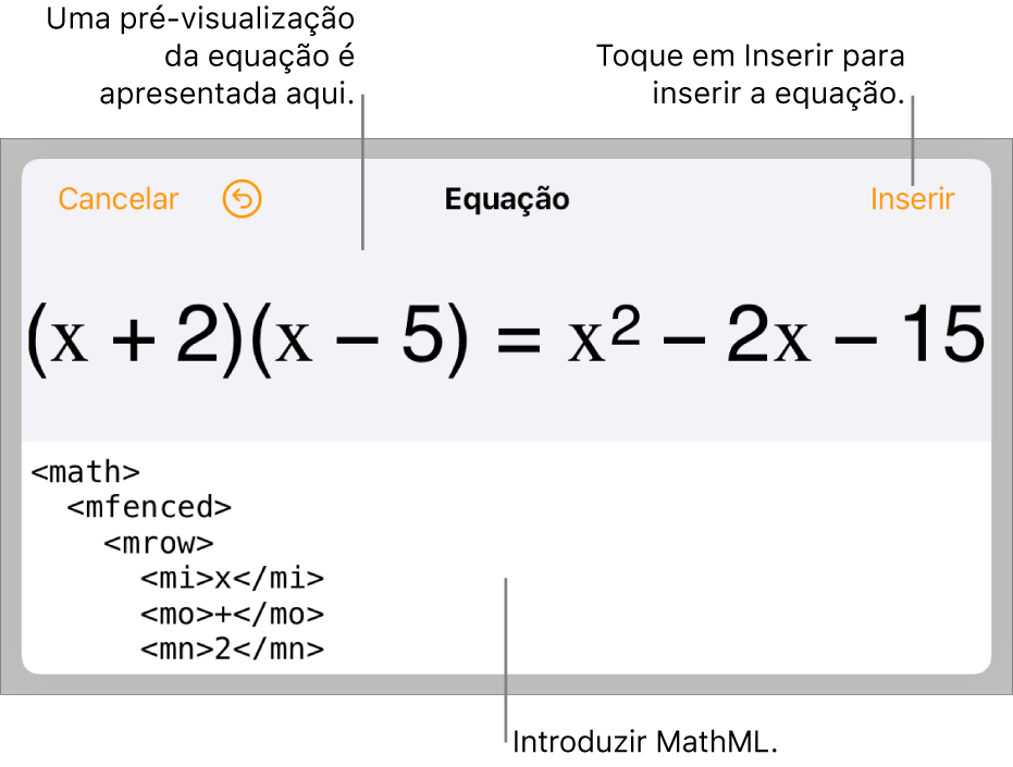 A caixa de diálogo “Equação”, apresentando uma equação escrita com recurso aos comandos MathML e uma pré-visualização da fórmula em cima.