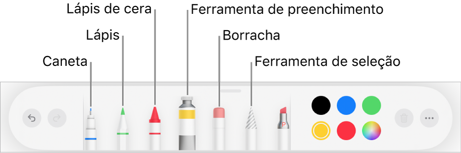 As barra de ferramentas de desenho no Pages no iPad com uma caneta, lápis, lápis de cera, ferramenta de preenchimento, borracha, ferramenta de seleção e o seletor de cores a apresentar a cor atual.