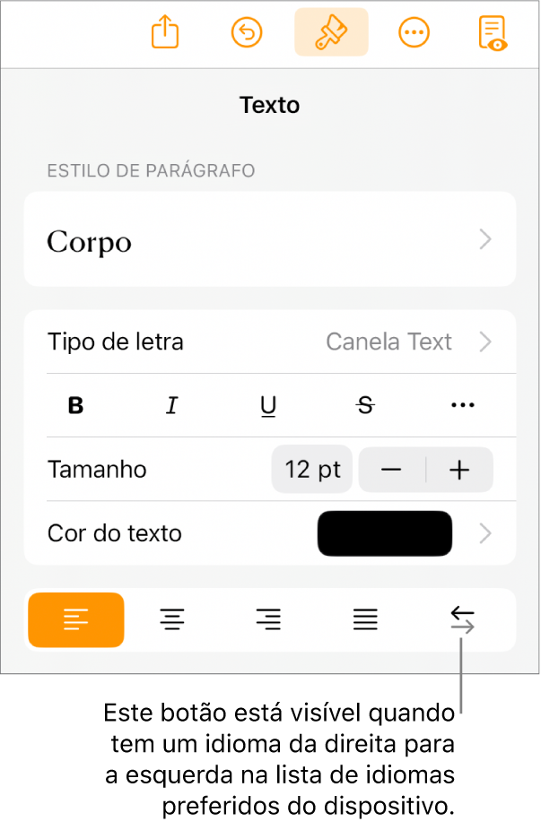 Controlos de texto no menu "Formatação” com uma chamada a apontar para o botão “Da direita para a esquerda”.