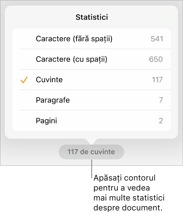 Contorul de cuvinte cu un meniu care prezintă opțiunile pentru a afișa numărul de caractere fără și cu spații, numărul de cuvinte, numărul de paragrafe și numărul de pagini.