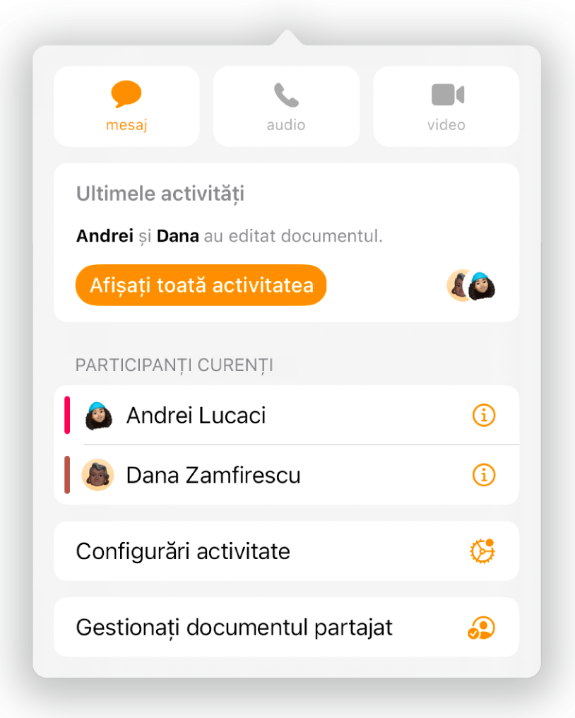 Meniul de colaborare afișând numele persoanelor care colaborează la document.