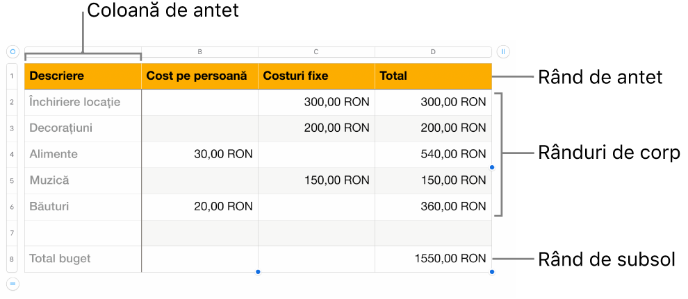 Un tabel afișând rândurile și coloanele de antet, corp și subsol.