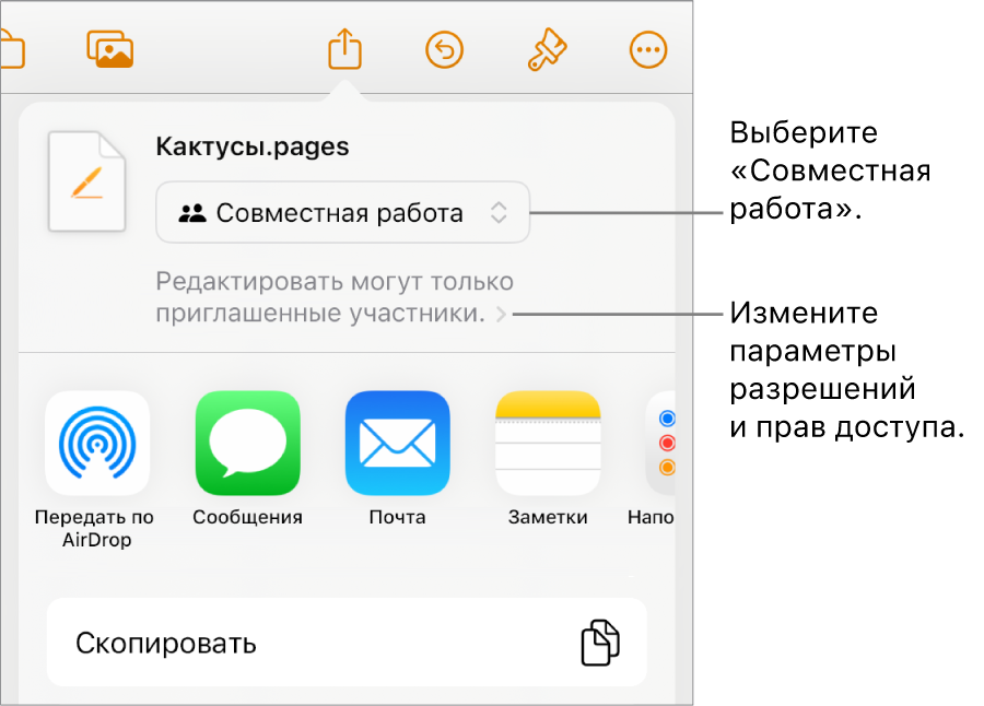 В верхней части экрана отображается меню «Поделиться». Выбран параметр «Совместная работа», под ним находятся настройки прав доступа.