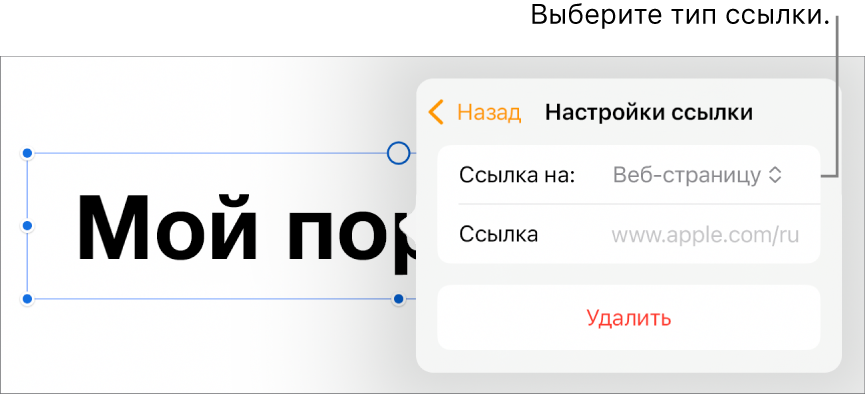 Элементы управления «Настройки ссылки»; выбран элемент «Веб-страница». В нижней части экрана показана кнопка «Удалить».