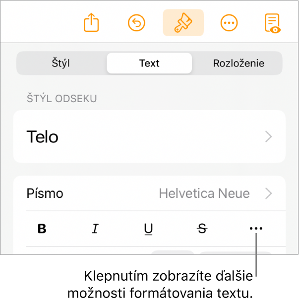 Záložka Text ovládacích prvkov Formát s bublinou pre tlačidlo Ďalšie možnosti textu.