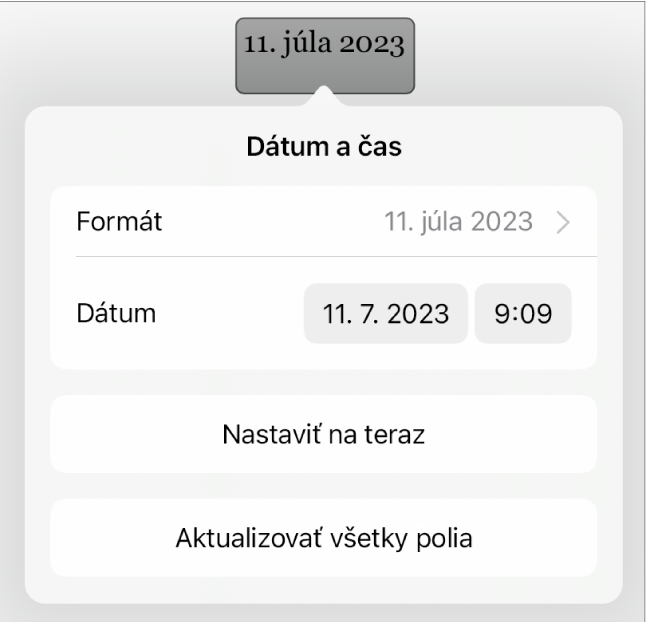 Ovládacie prvky dátumu a času, ktoré zobrazujú vyskakovacie menu Formát a tlačidlá Nastaviť na teraz a Aktualizovať všetky polia.